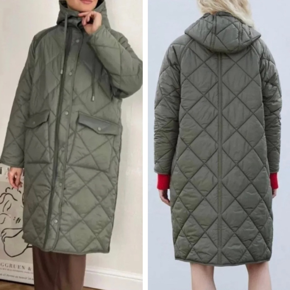 ZARA NWT WOMEN’S BLOGGER FAVORITE QUILTED LONGLINE JACKET COAT ARMY GREEN LARGE